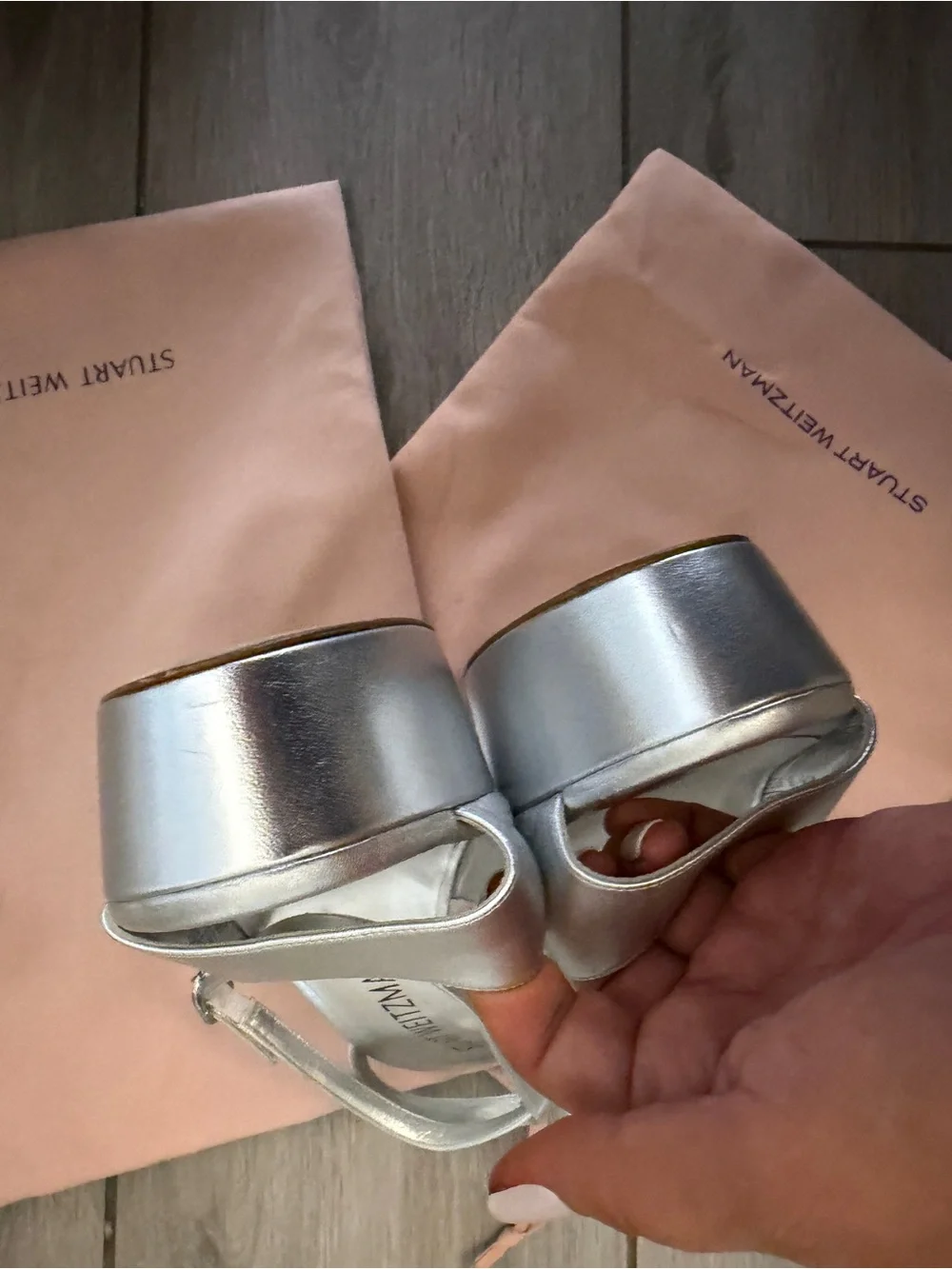 Stuart Weitzman Metallic Silver Platform Block Heel Sandals like new!!